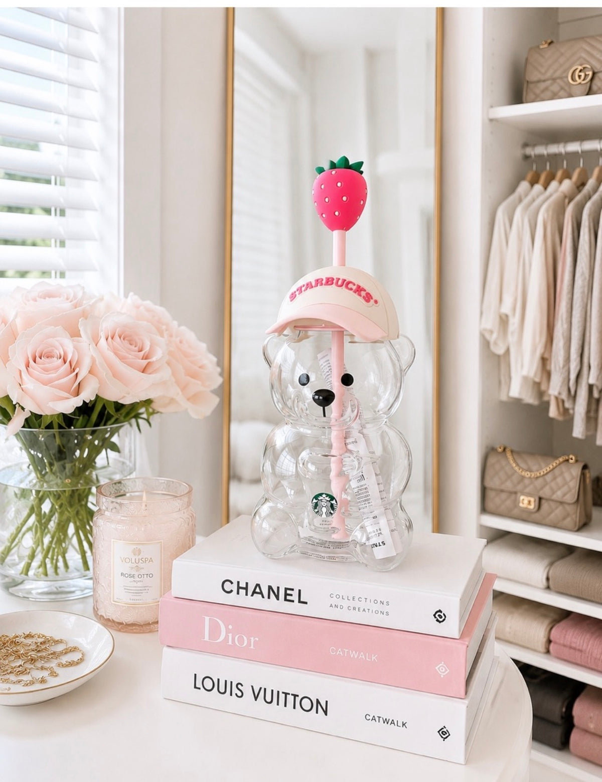 Starbucks Clear Bear Cold Cup with Pink Hat Lid & Strawberry Topper