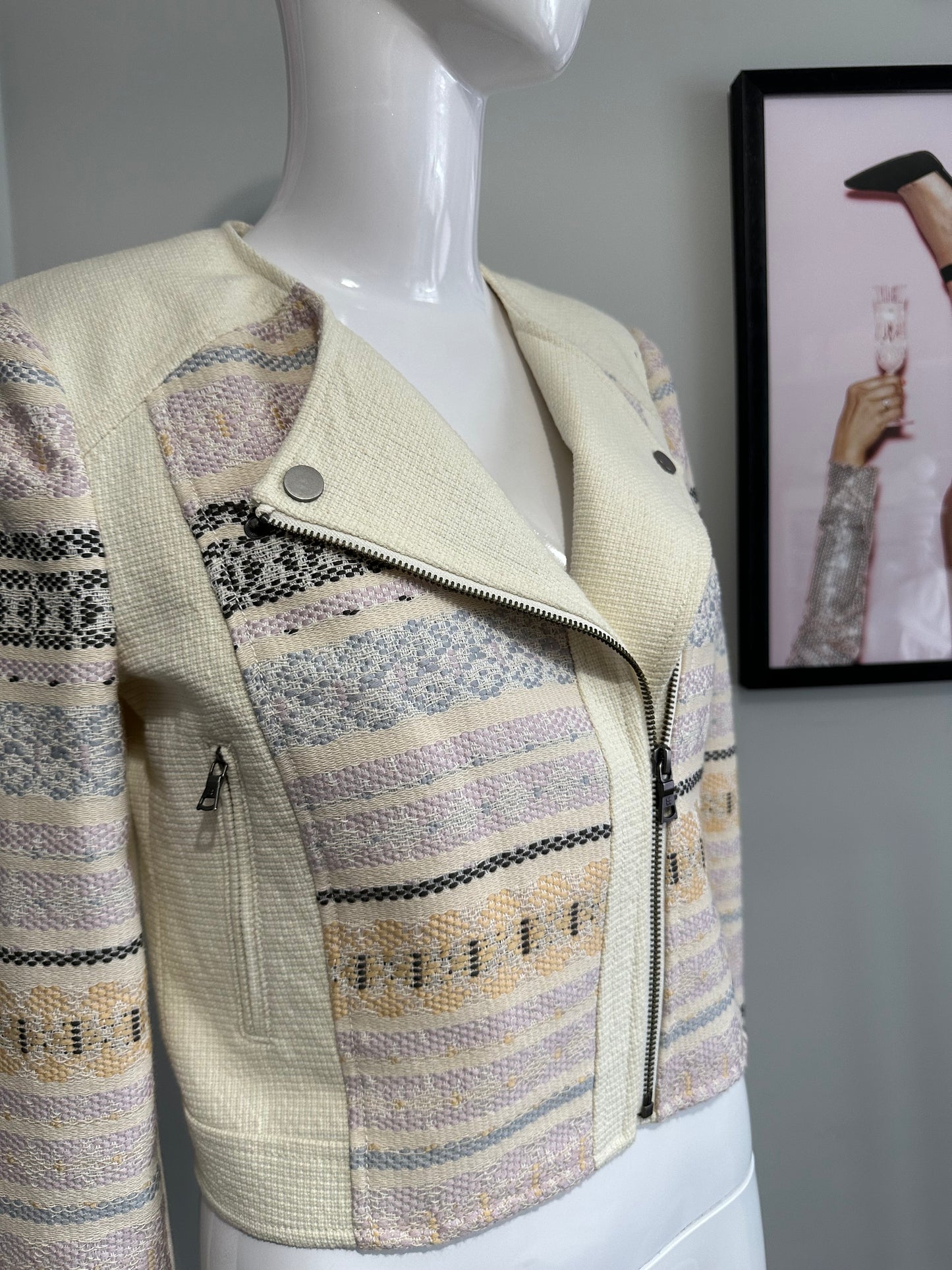 BCBG MaxAzria “Cody” Cropped Moto Jacket – Cream Multi – XS (New With Tags)