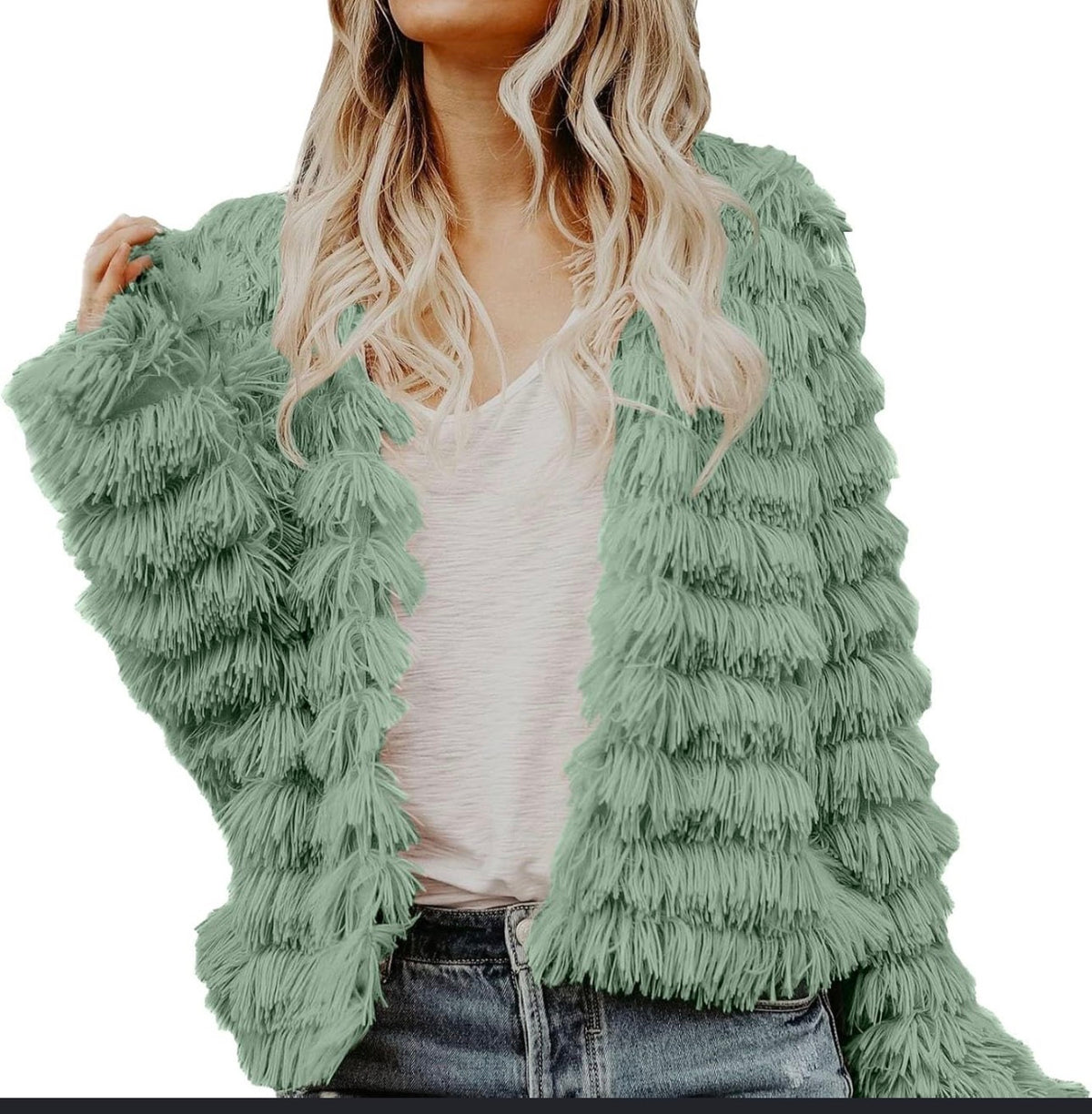 Rosemary Sage Green Faux Fur Fringe Jacket | Size 8