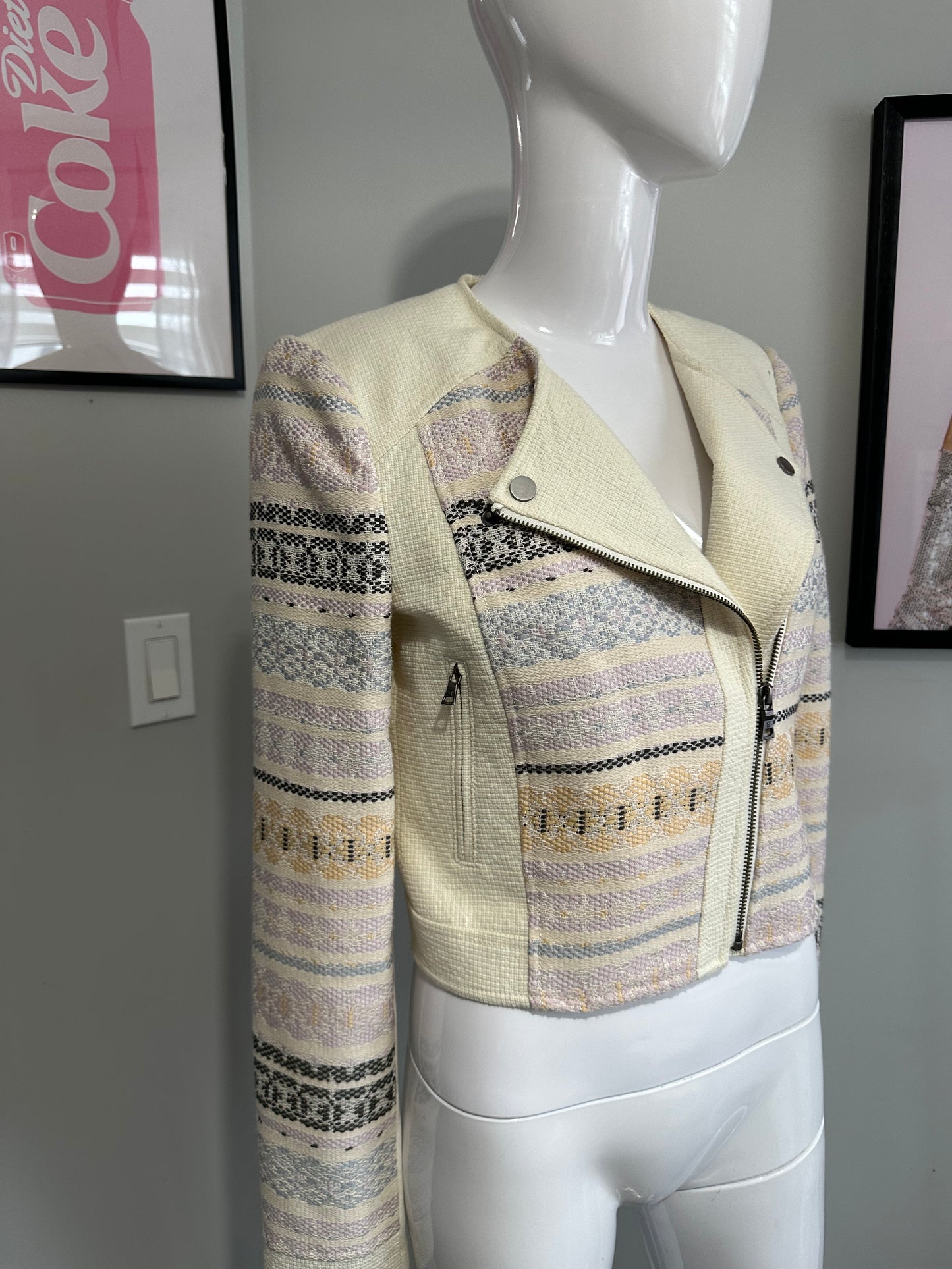 BCBG MaxAzria “Cody” Cropped Moto Jacket – Cream Multi – XS (New With Tags)