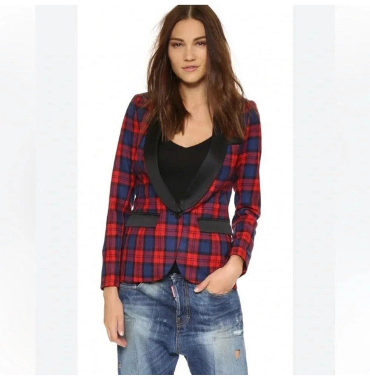 SMYTHE Red & Navy Plaid Satin Lapel Blazer – Size 6