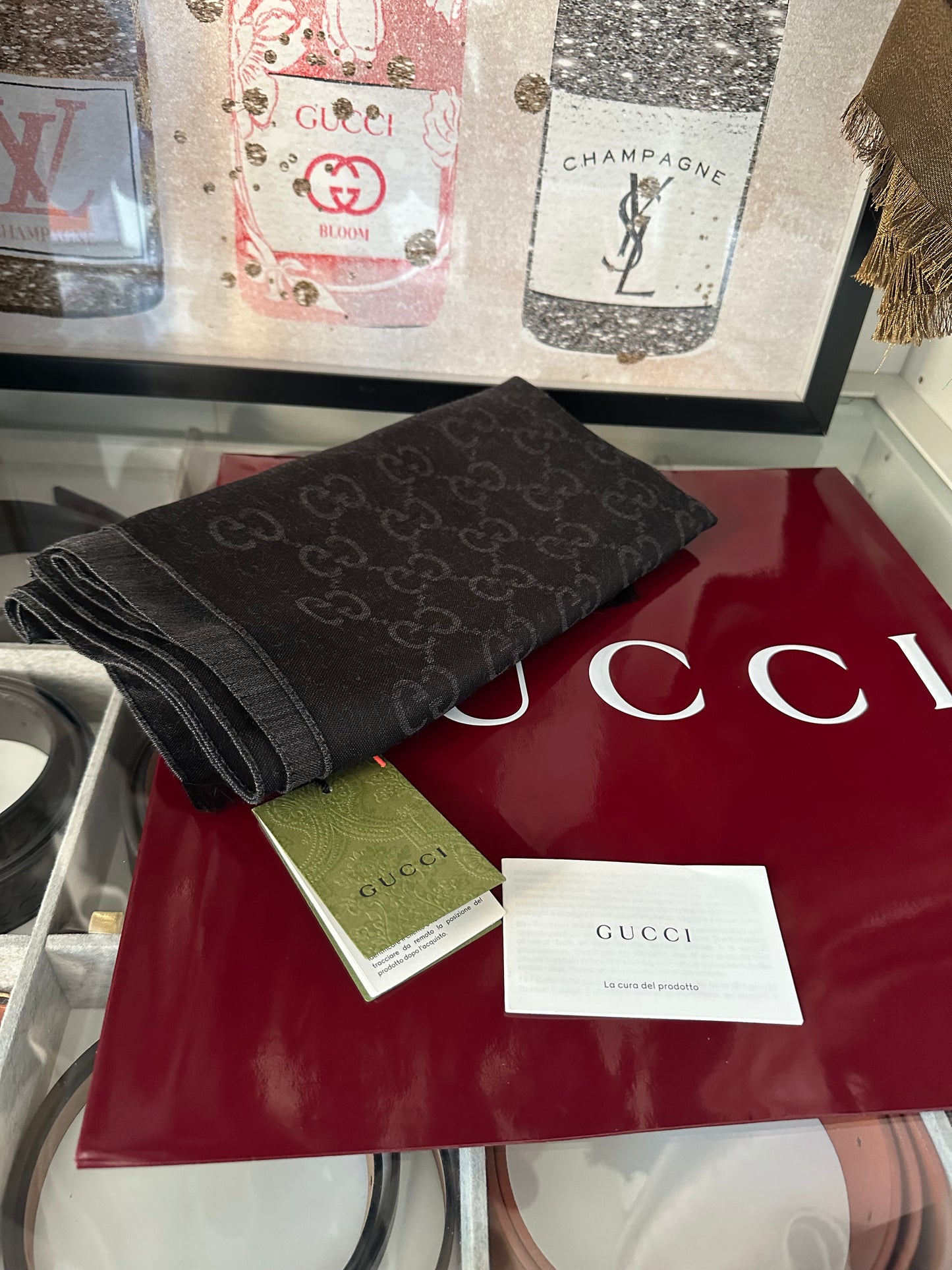 Gucci Charcoal GG Jacquard Wool Scarf – New with Tags