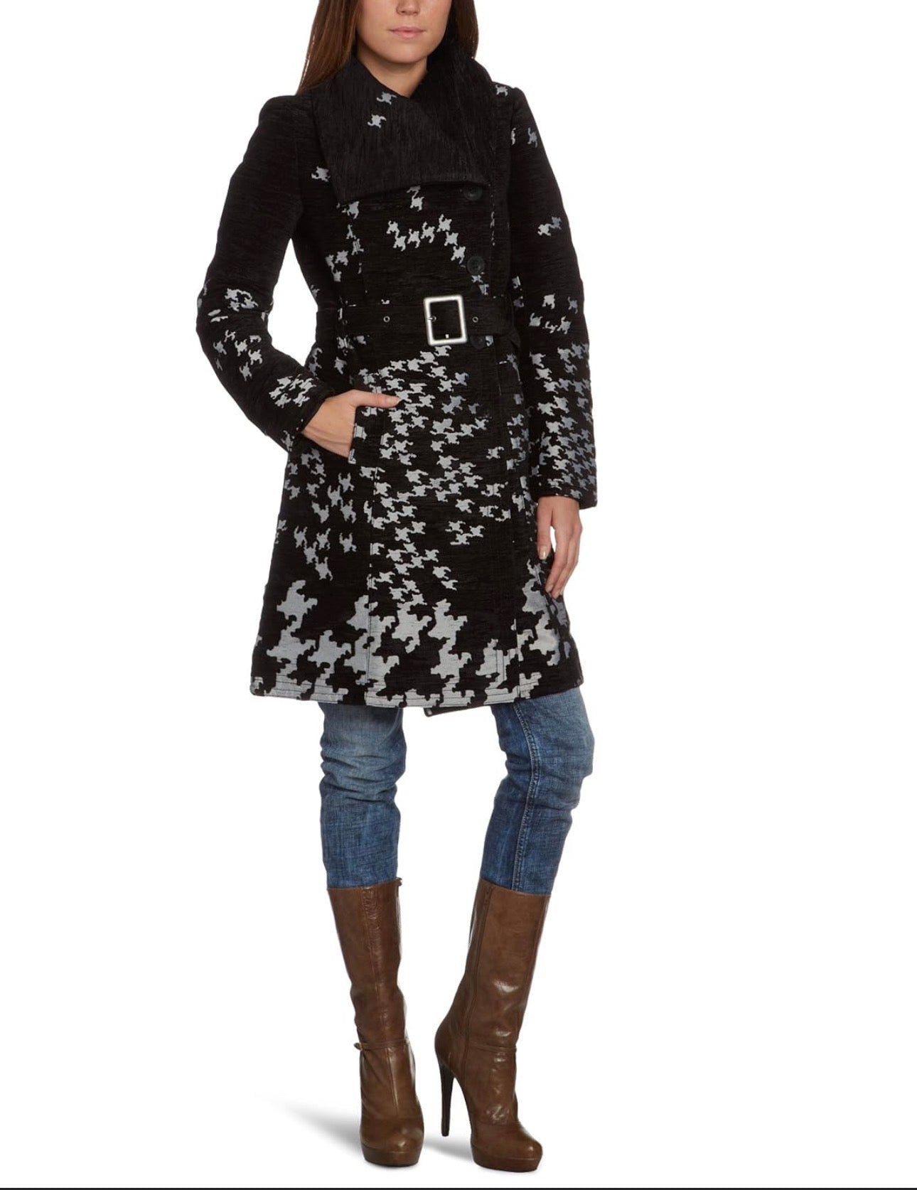 Desigual Belted Houndstooth Statement Coat
