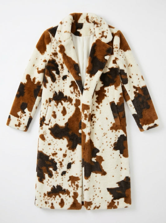 Hers and Mine Cow Print Long Teddy Coat | Medium