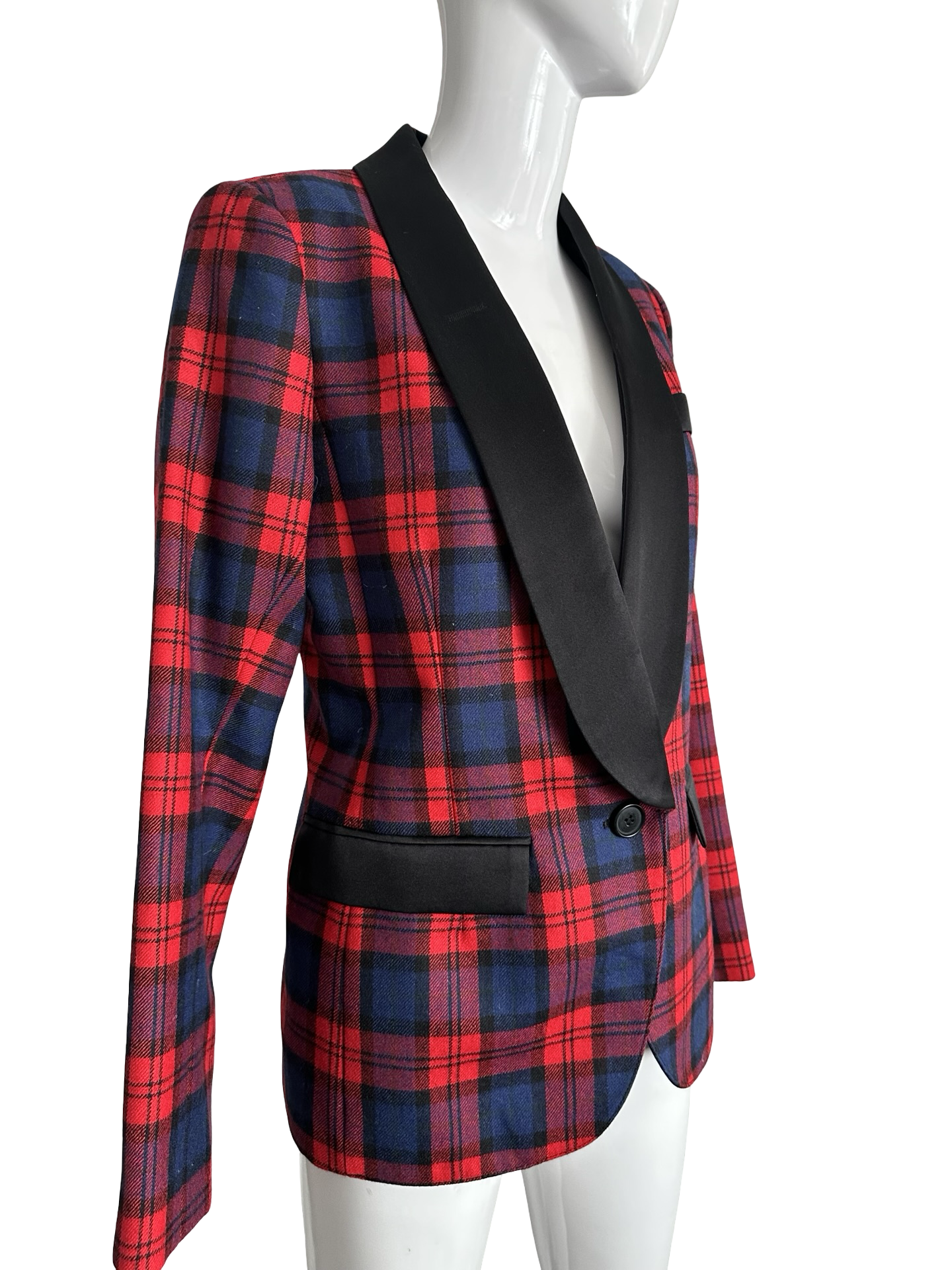 SMYTHE Red & Navy Plaid Satin Lapel Blazer – Size 6