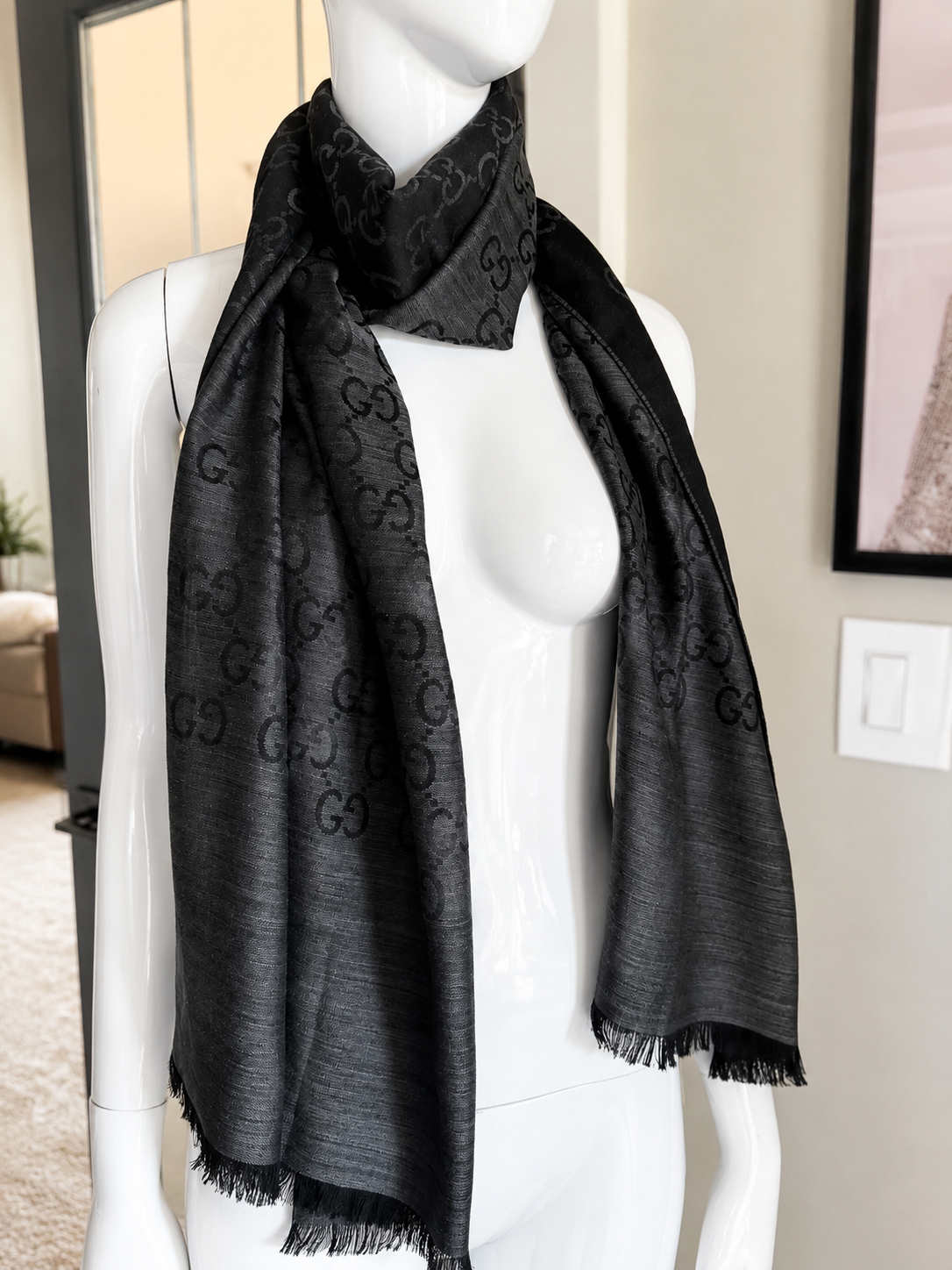 Gucci Charcoal GG Jacquard Wool Scarf – New with Tags