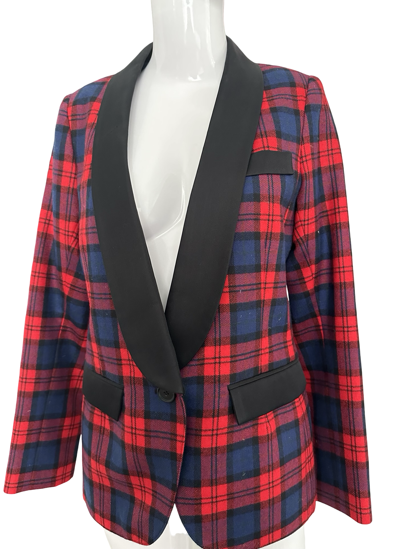 SMYTHE Red & Navy Plaid Satin Lapel Blazer – Size 6