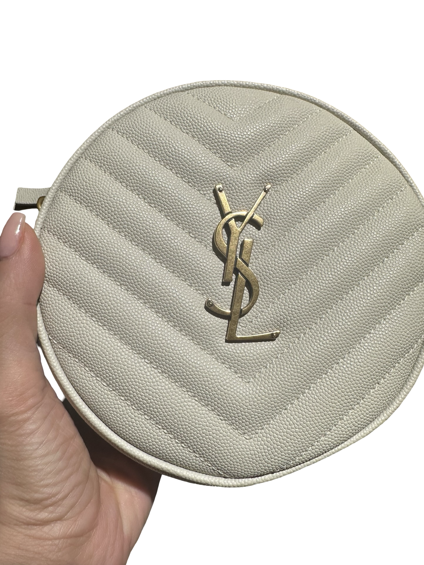 Saint Laurent Grain de Poudre Chevron Round Camera Bag in White 🤍