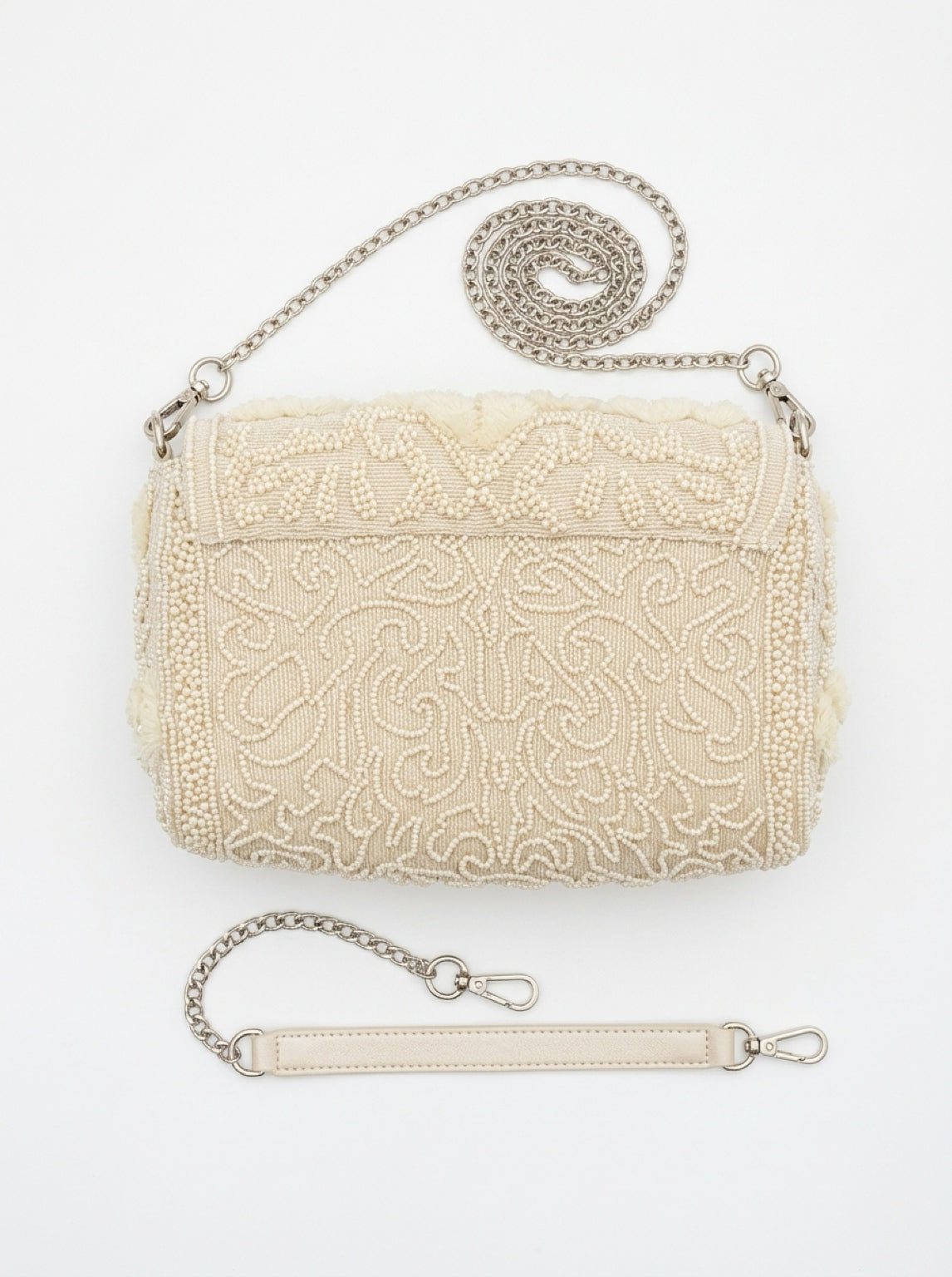 America & Beyond Ivory Pearl Beaded Faux Fur Shoulder Bag