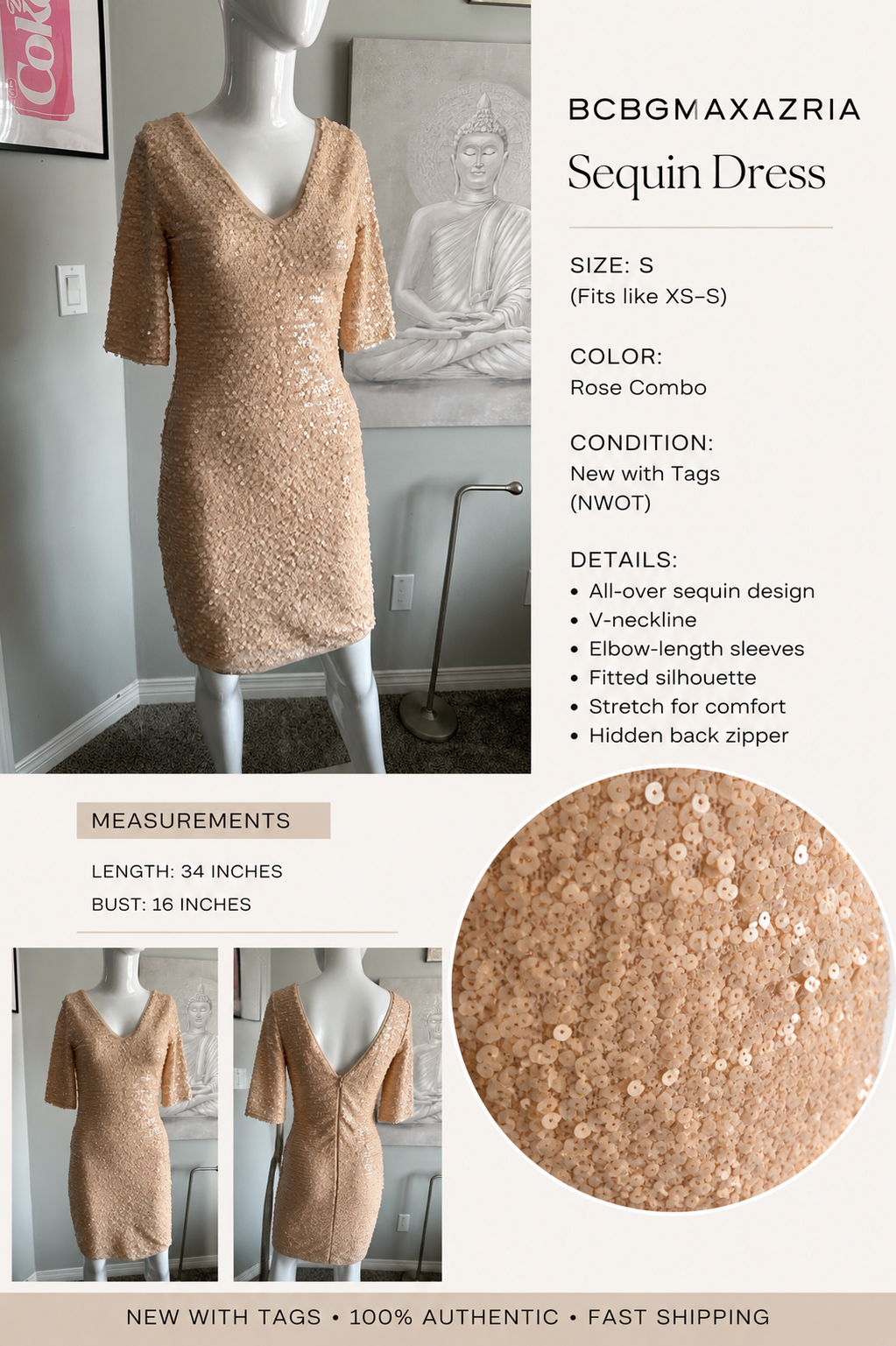 BCBG Max Azria Rose Combo Sequin Dress – Size S (NWOT)