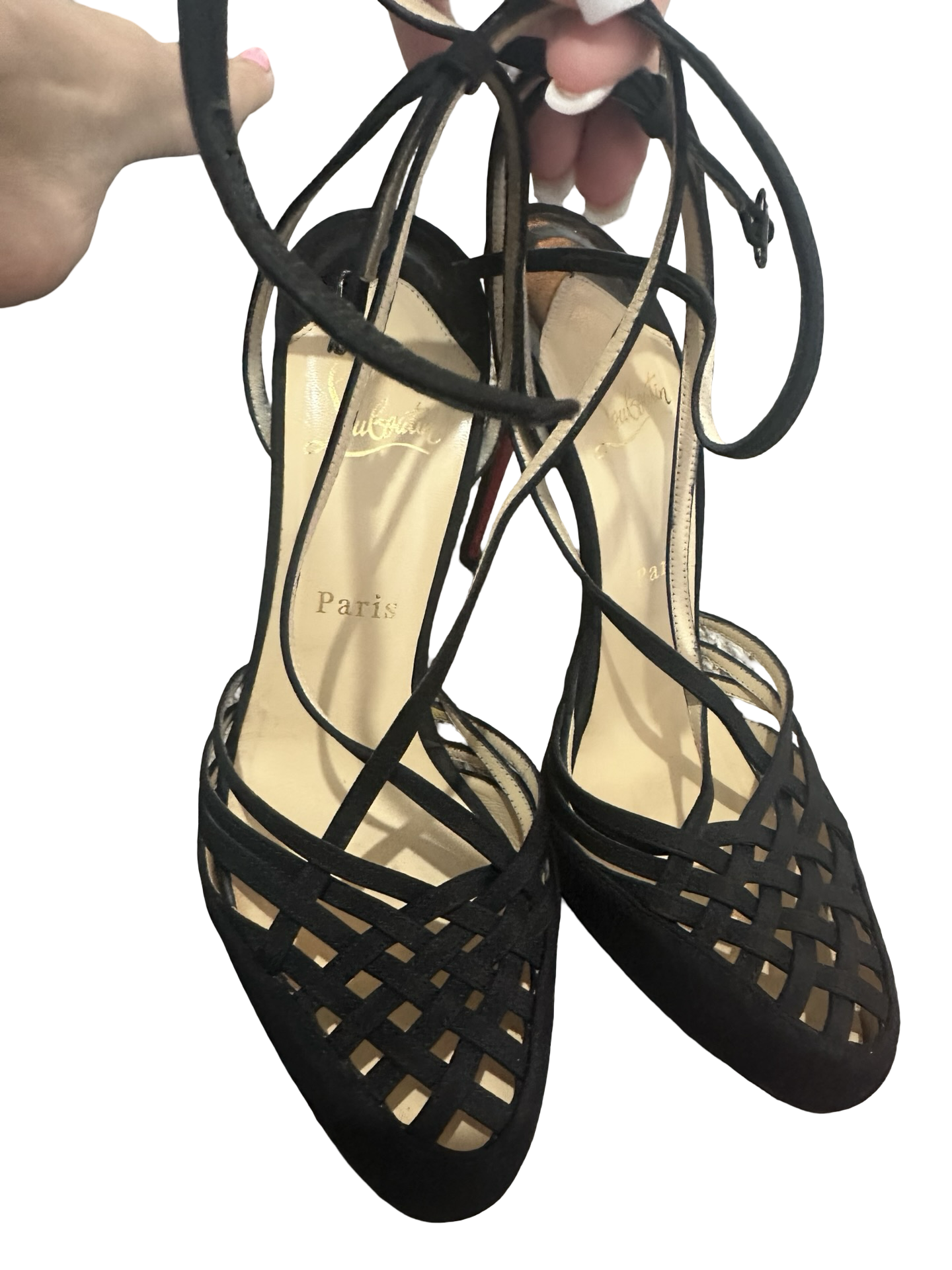 Vintage Christian Louboutin Black Satin Lattice Lace-Up Heels – Size 38.5
