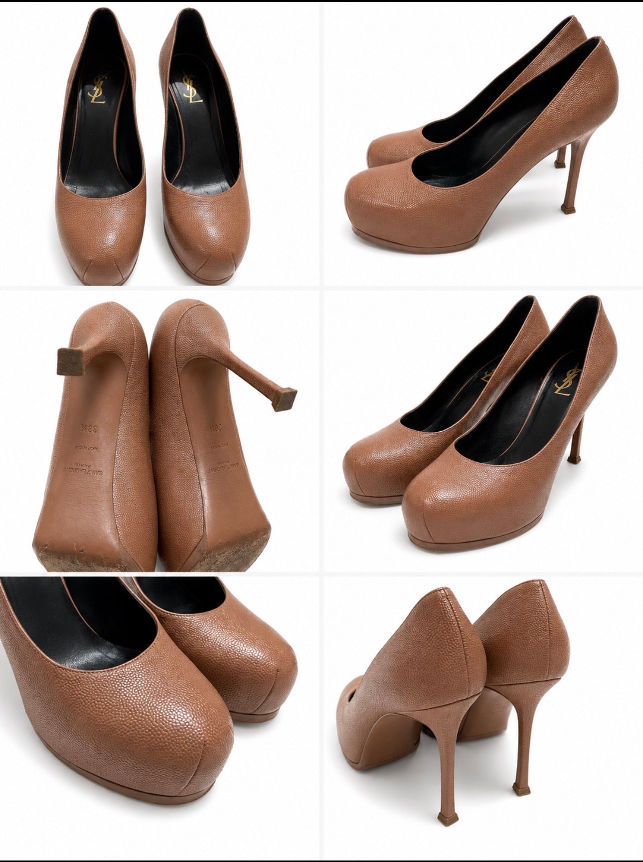 Yves Saint Laurent Rive Gauche Pebbled Leather Platform Pumps – Brown – Size 38.5