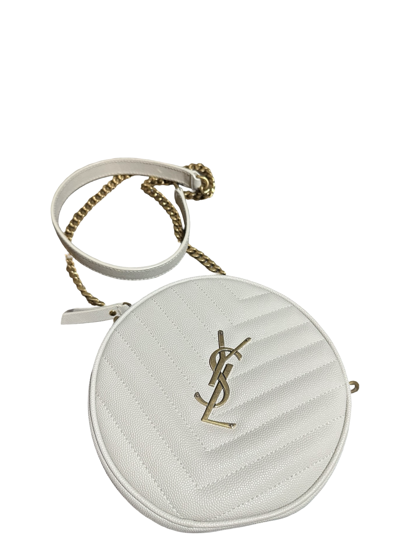 Saint Laurent Grain de Poudre Chevron Round Camera Bag in White 🤍