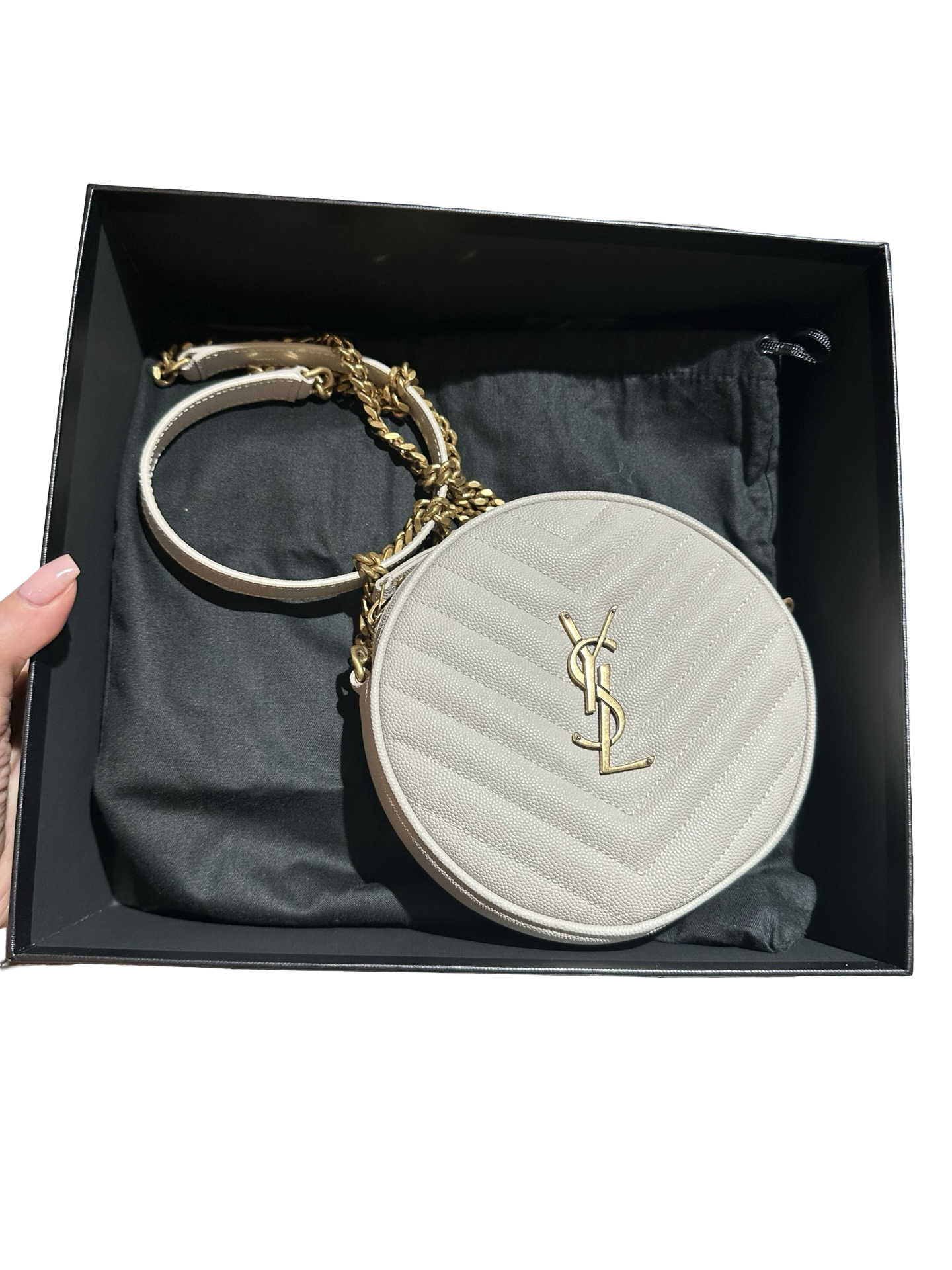 Saint Laurent Grain de Poudre Chevron Round Camera Bag in White 🤍