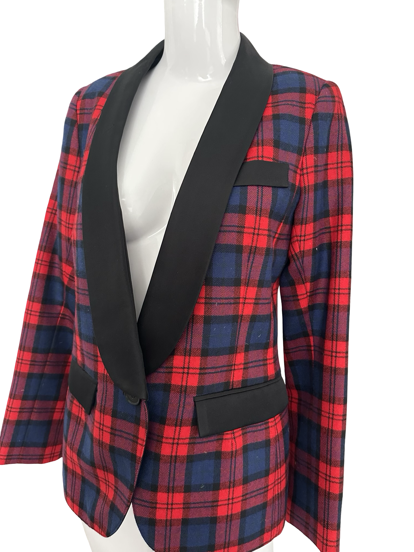SMYTHE Red & Navy Plaid Satin Lapel Blazer – Size 6