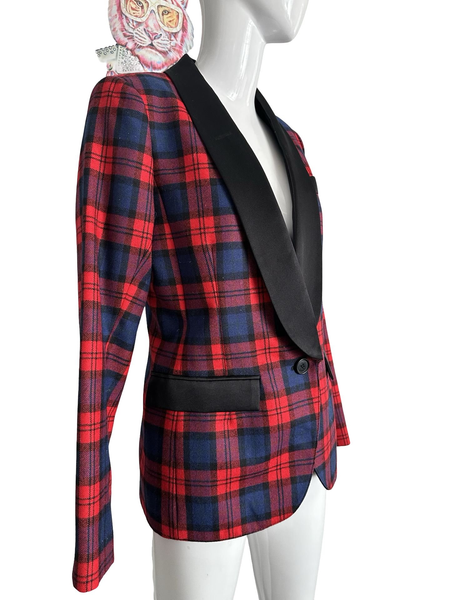 SMYTHE Red & Navy Plaid Satin Lapel Blazer – Size 6