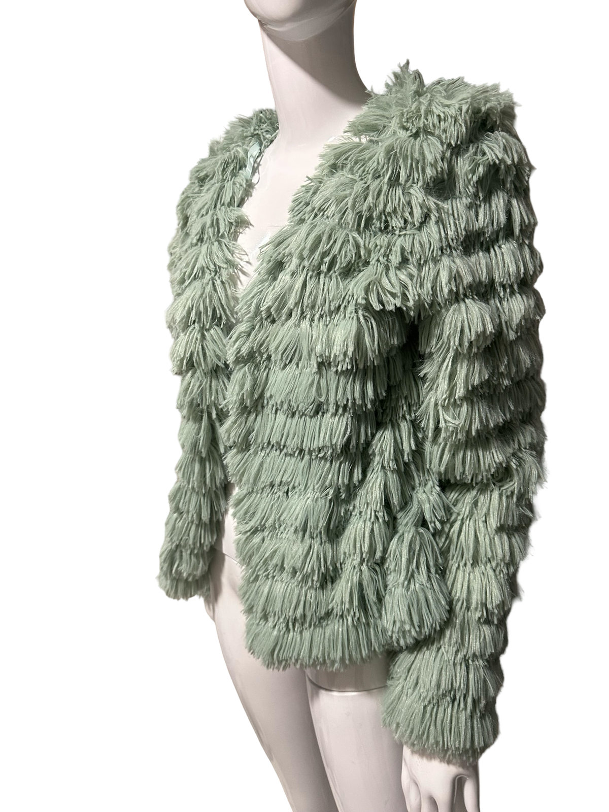 Rosemary Sage Green Faux Fur Fringe Jacket | Size 8