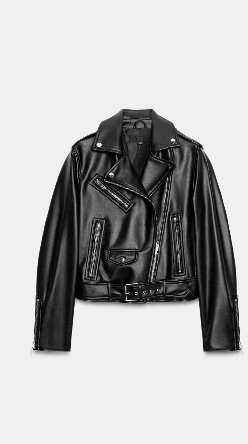 ZARA Black Leather Moto Biker Jacket Xs