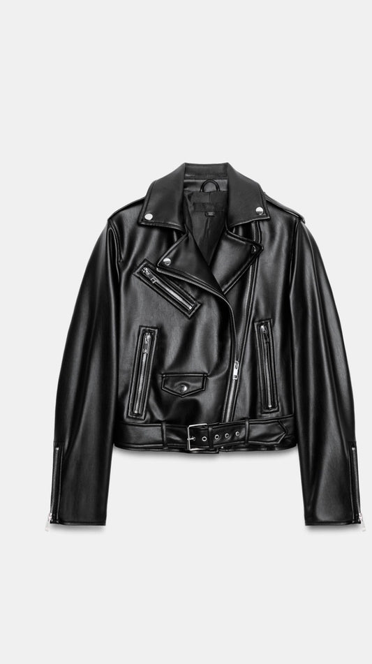 ZARA Black Leather Moto Biker Jacket Xs