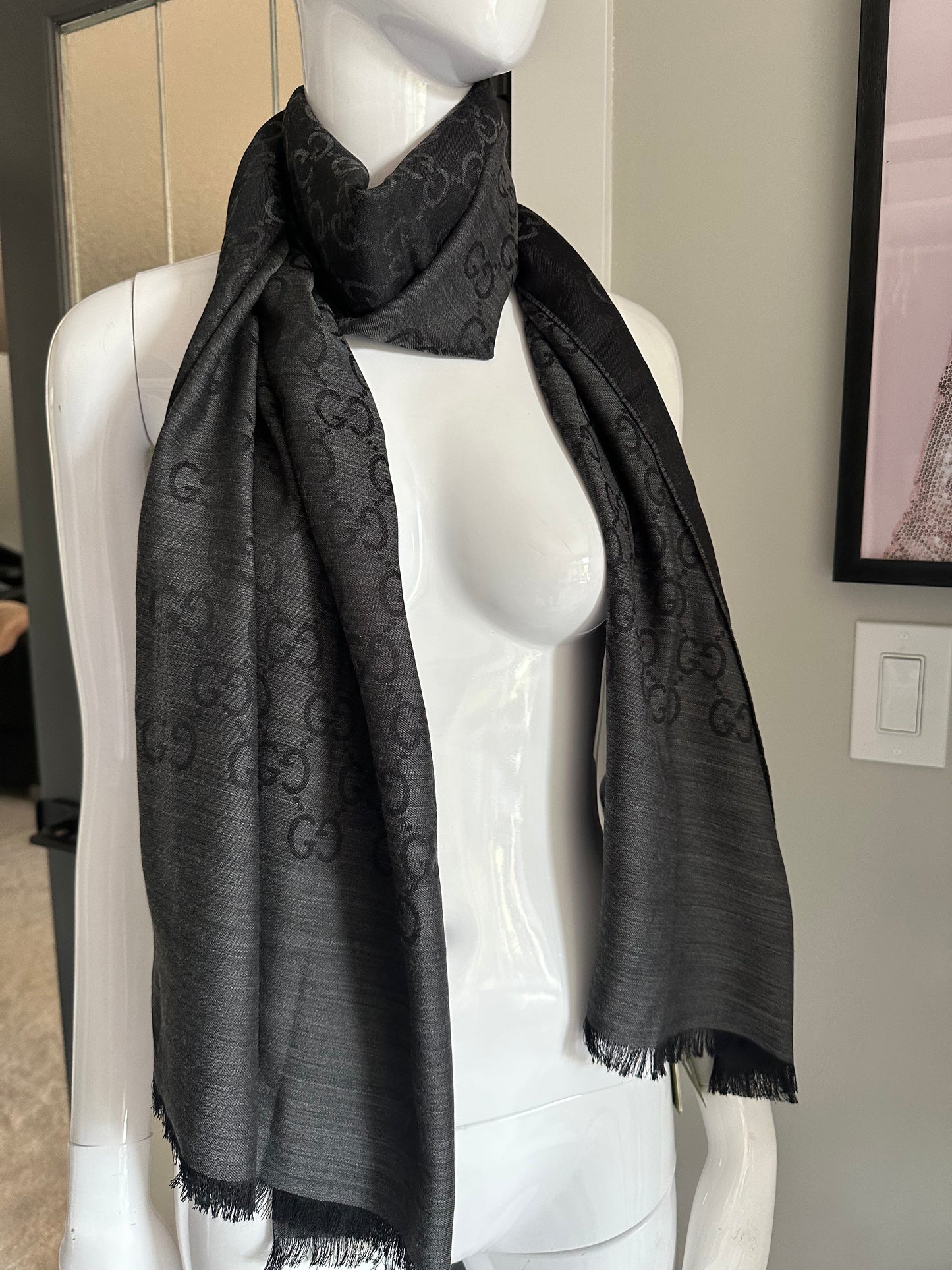 Gucci Charcoal GG Jacquard Wool Scarf – New with Tags