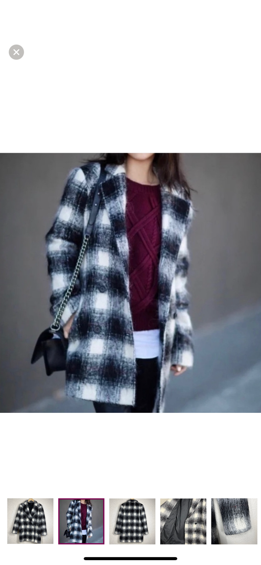 ✨ Theory Shaggy Pea Coat – Wool Blend – Black/White Check – Size Medium ✨