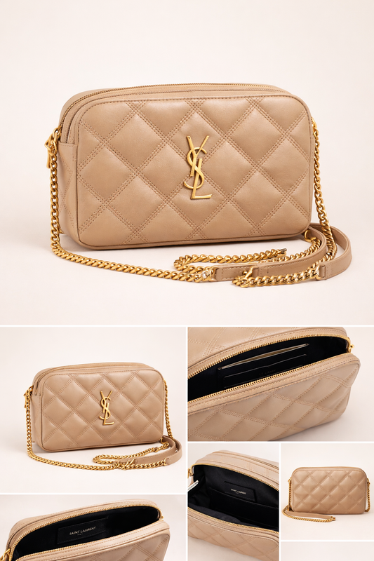 SAINT LAURENT BECKY DOUBLE ZIP CAMERA BAG – BEIGE QUILTED LEATHER