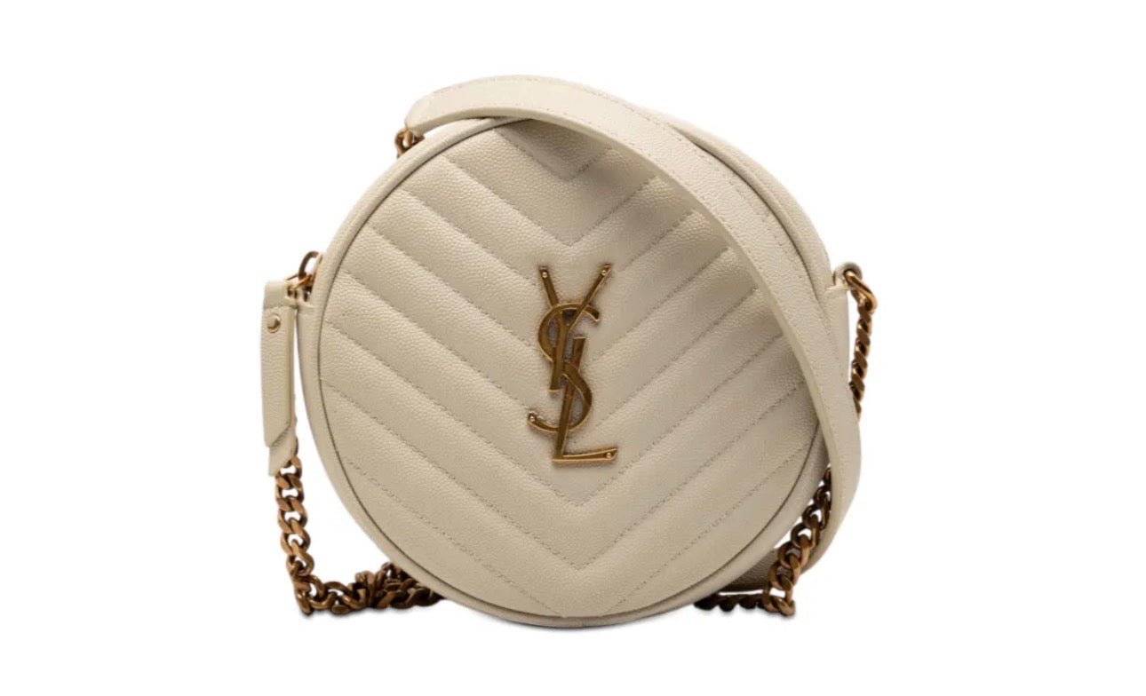 Saint Laurent Grain de Poudre Chevron Round Camera Bag in White 🤍