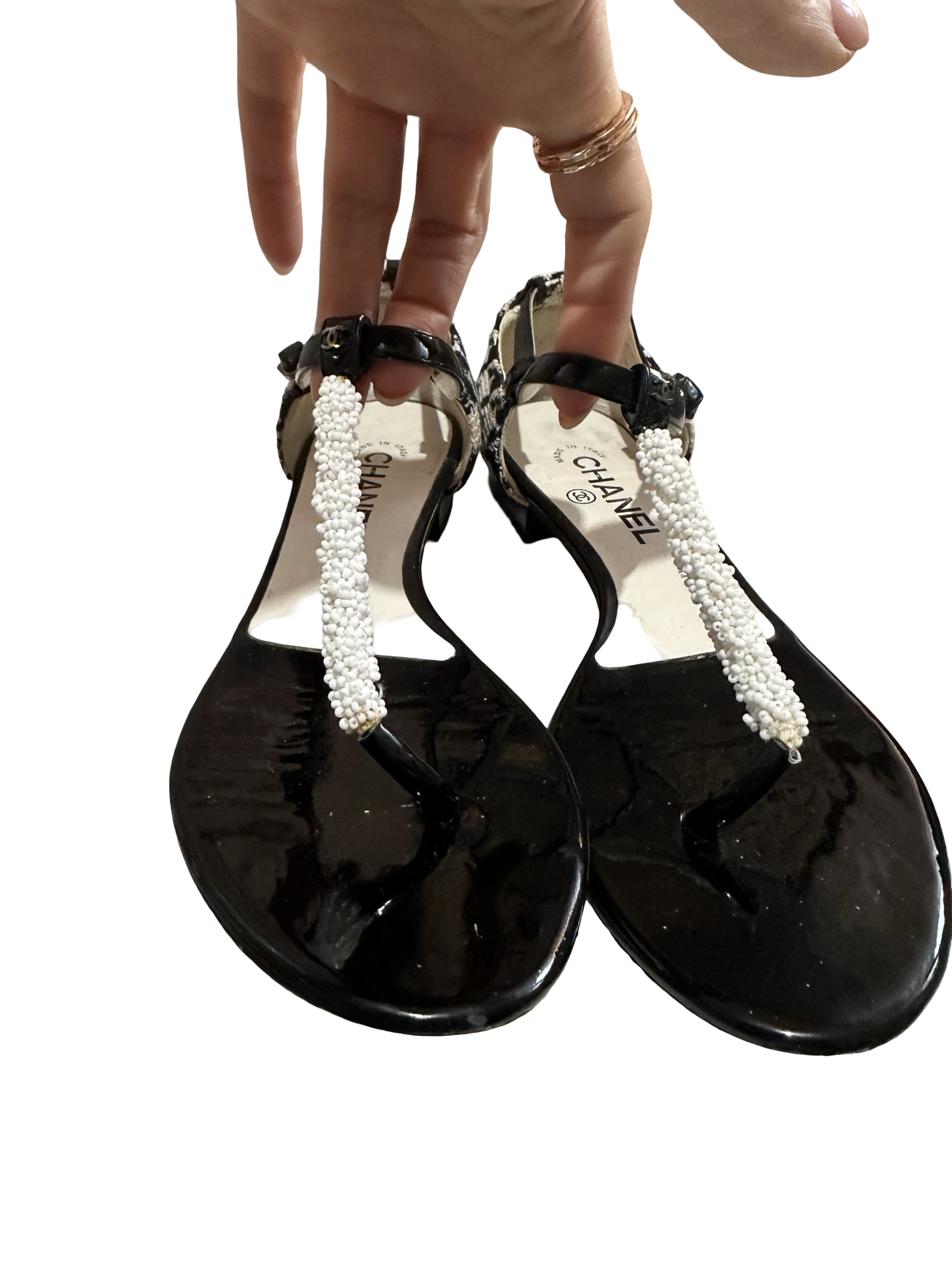 Chanel Beaded T-Strap Sandals – Size 39.5
