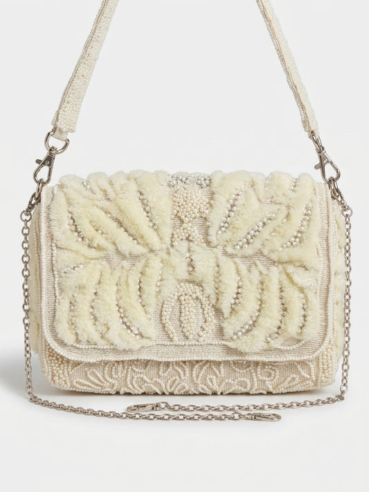 America & Beyond Ivory Pearl Beaded Faux Fur Shoulder Bag