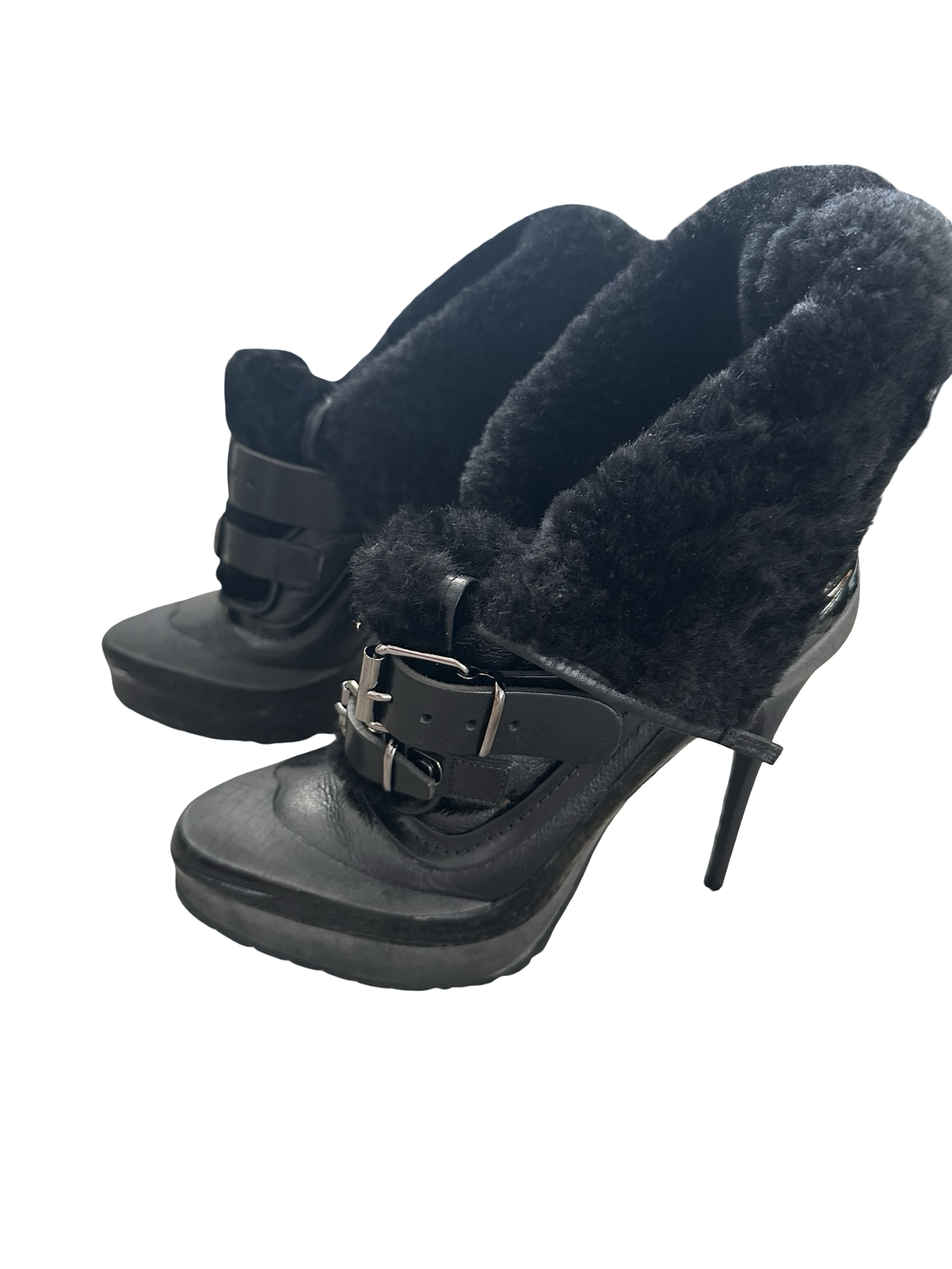 BURBERRY BLACK HEELED BOOTS WITH FUR SZ 39.5