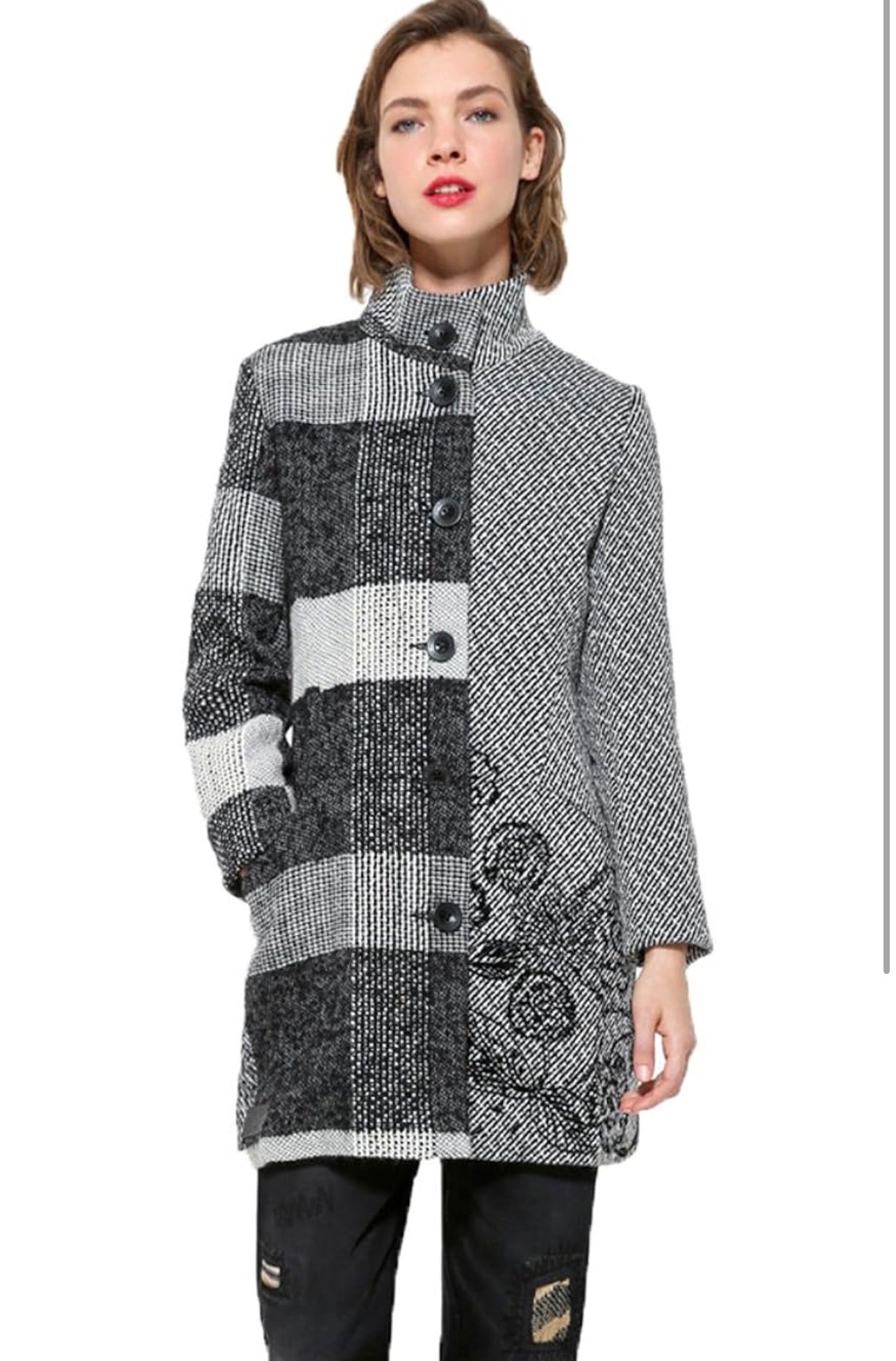 Desigual Asymmetrical Funnel Neck Wool Blend Coat