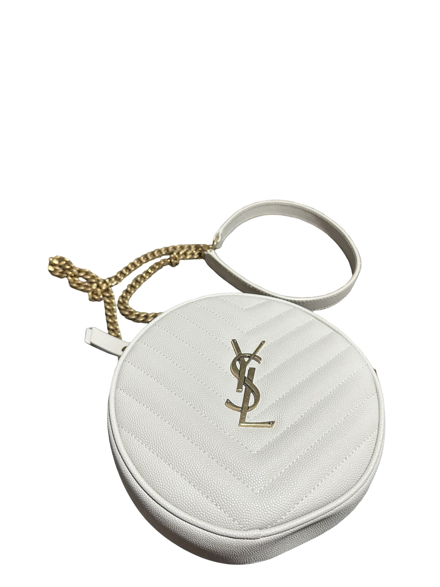 Saint Laurent Grain de Poudre Chevron Round Camera Bag in White 🤍