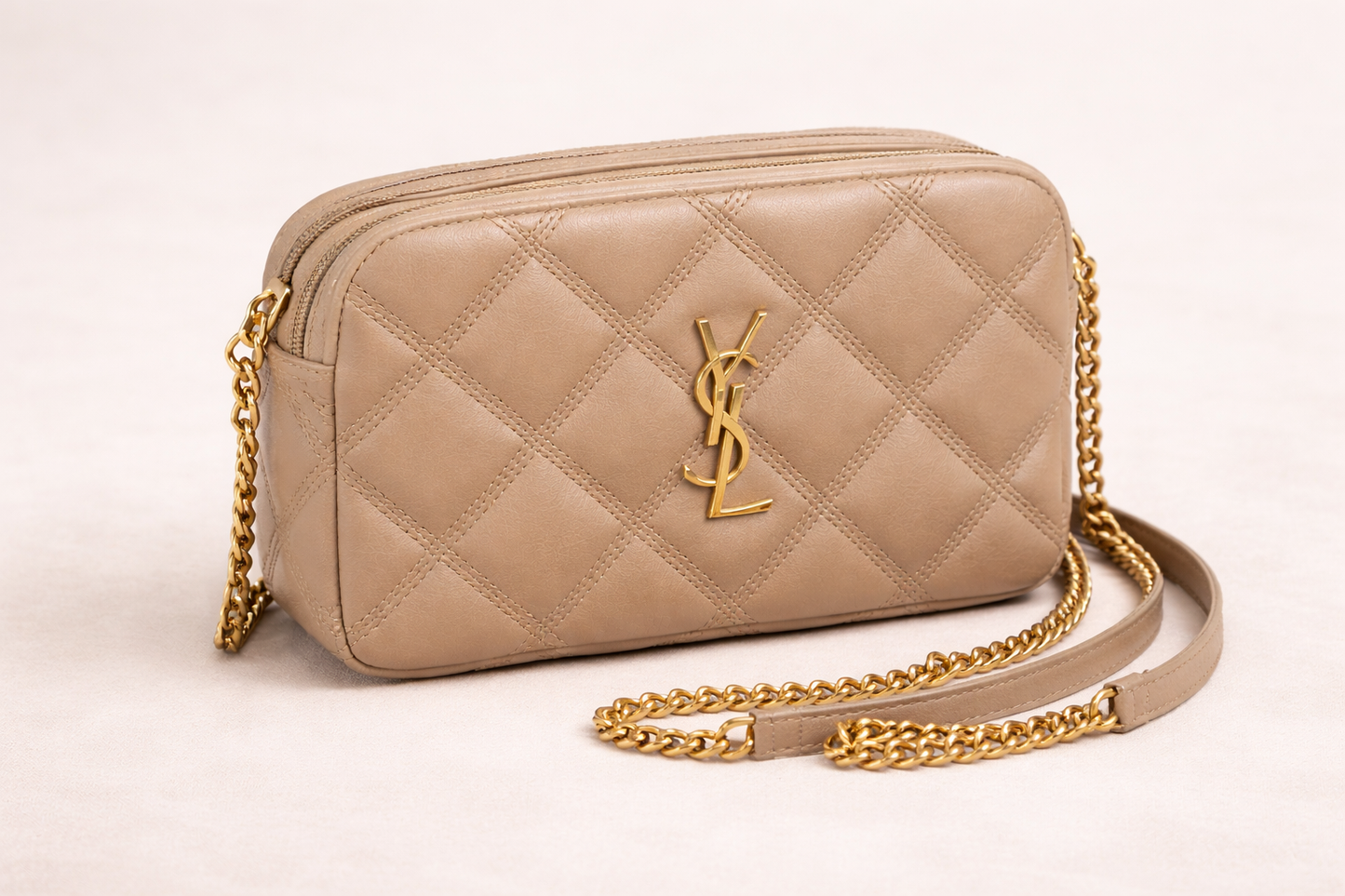 SAINT LAURENT BECKY DOUBLE ZIP CAMERA BAG – BEIGE QUILTED LEATHER