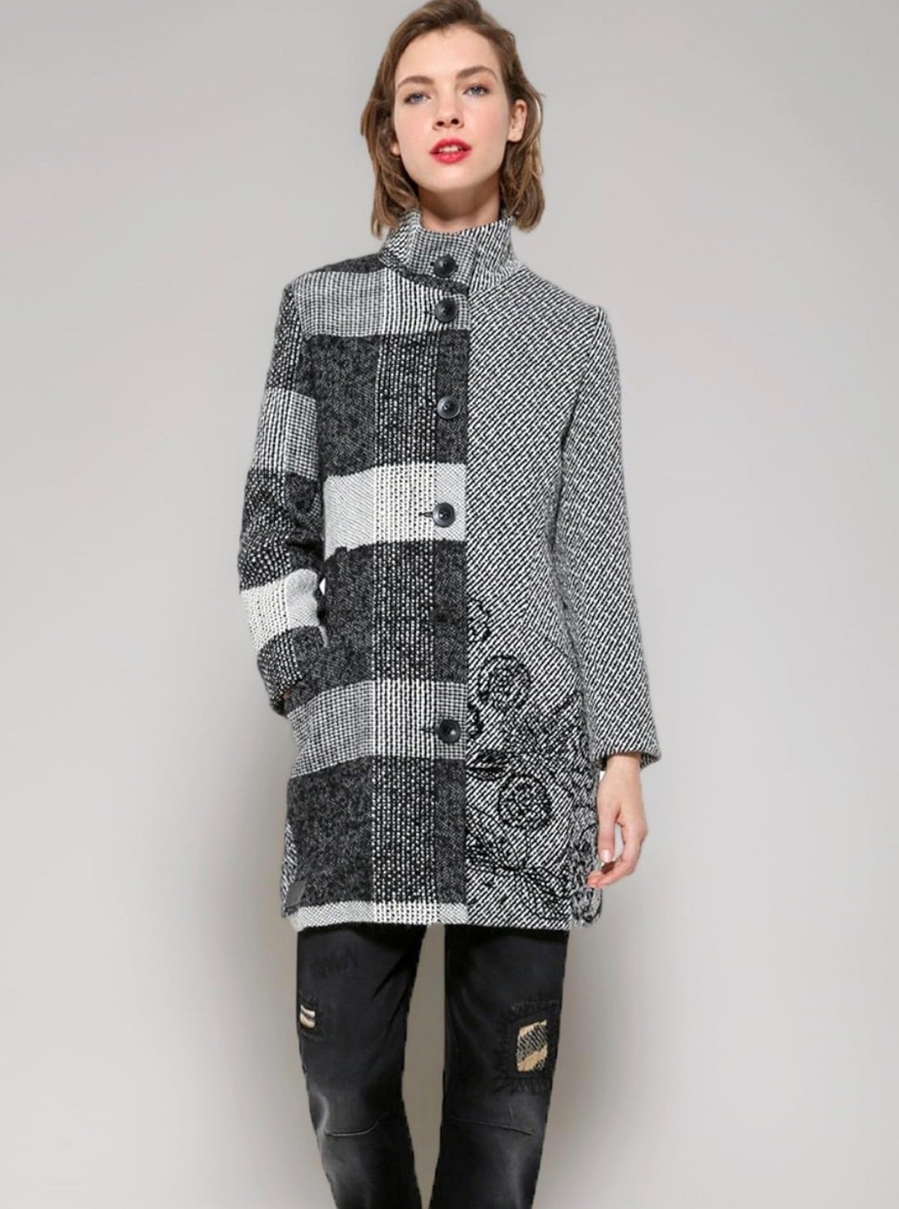 Desigual Asymmetrical Funnel Neck Wool Blend Coat