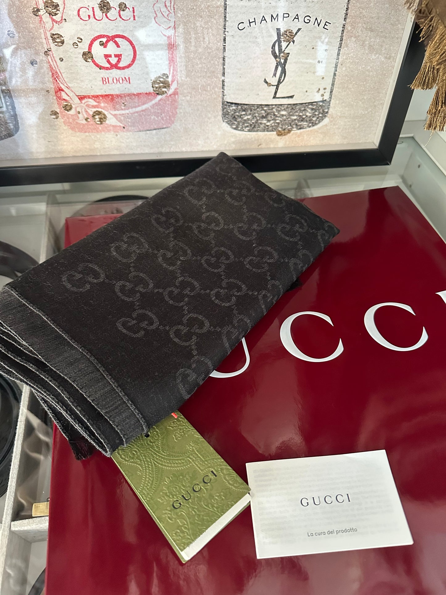 Gucci Charcoal GG Jacquard Wool Scarf – New with Tags