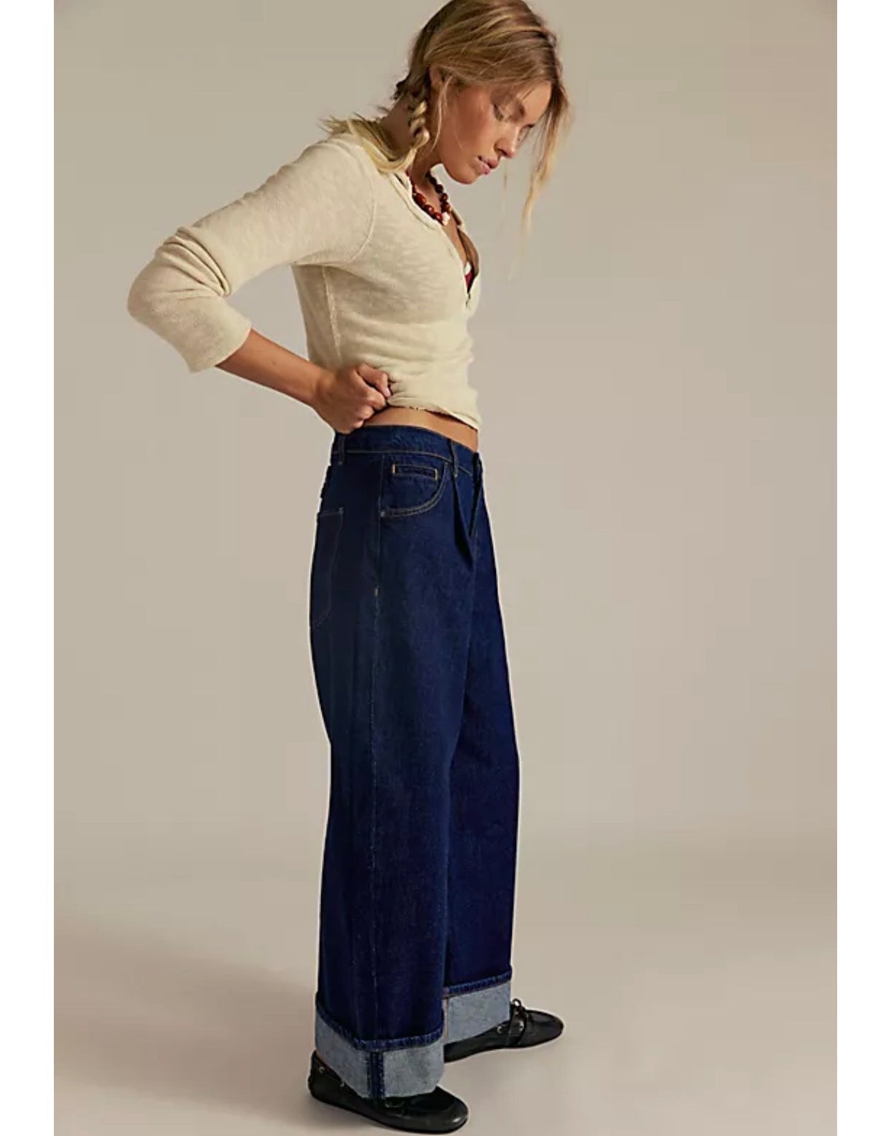 Free People Dark Wash Wide-Leg Cuffed Jeans | Size 26