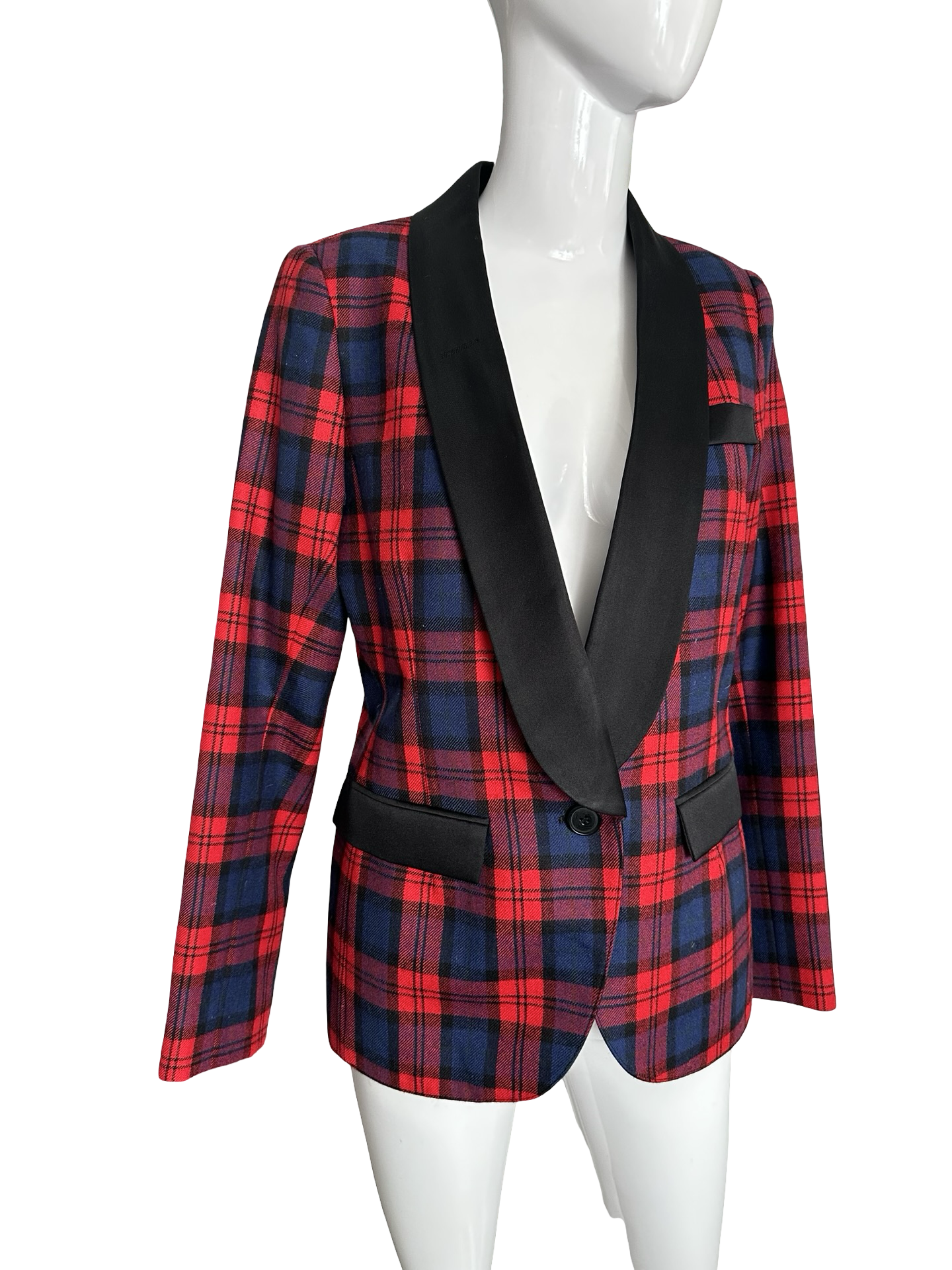SMYTHE Red & Navy Plaid Satin Lapel Blazer – Size 6