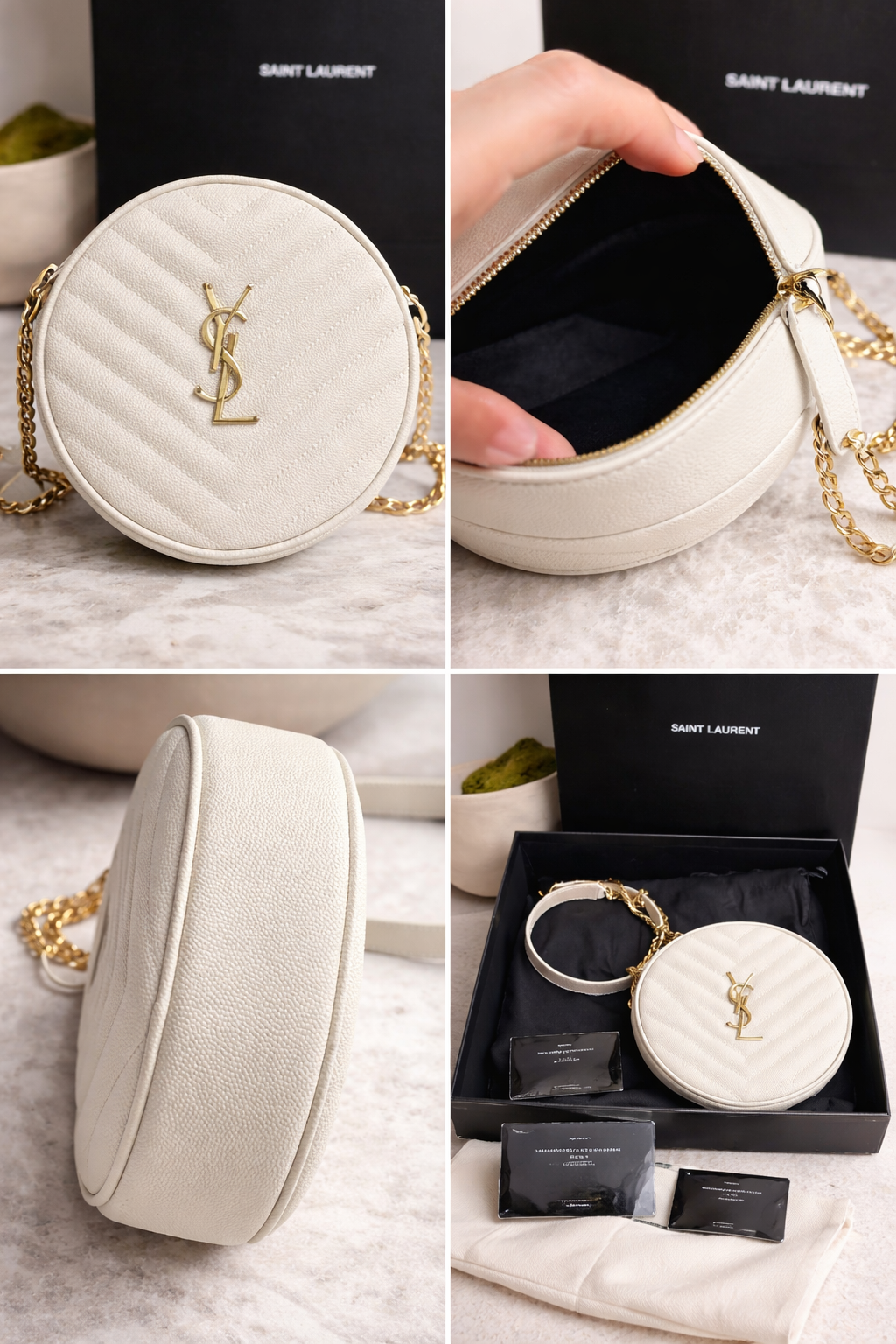 Saint Laurent Grain de Poudre Chevron Round Camera Bag in White 🤍